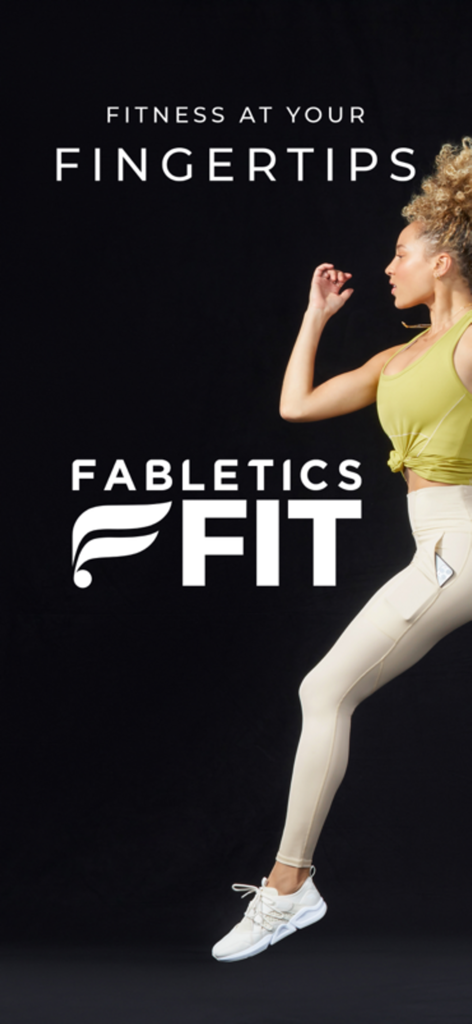 Fabletics FIT - A woman in athletic wear jumping in front of the Fabletics FIT app logo with the text Fitness at your fingertips.