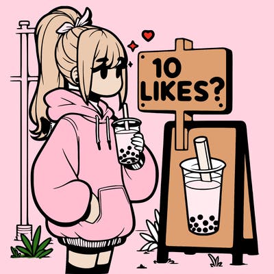 girl with oversized hoodie drinking boba and she has a high ponytail with a sign that says 10likes?
