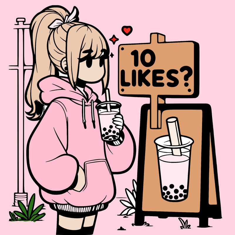 girl with oversized hoodie drinking boba and she has a high ponytail with a sign that says 10likes?