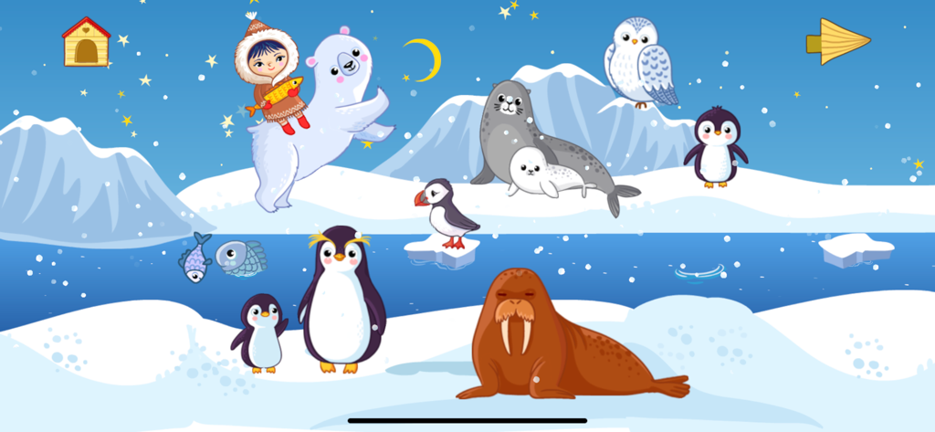 Baby animal games for kids - Educational game screen featuring arctic animals like polar bears penguins and a walrus in a snowy landscape