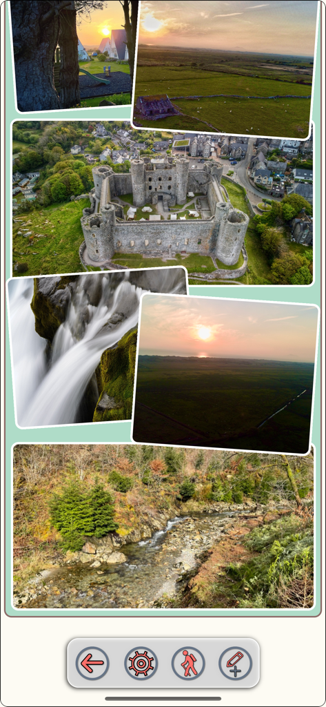 Travel Log App - Un collage de photos de voyage comprenant un château et des paysages naturels dans l'interface de l'application Travel Log.