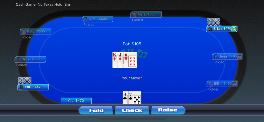 All-In Poker - Tela de jogo do All-In Poker mostrando um jogo em dinheiro de Texas Holdem em uma mesa azul