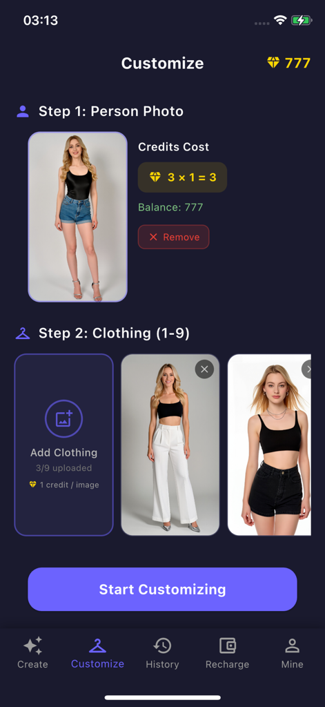 VivideoAI - Oberfläche der VivideoAI-App, die den Anpassungsprozess für virtuelle Kleideranproben zeigt.