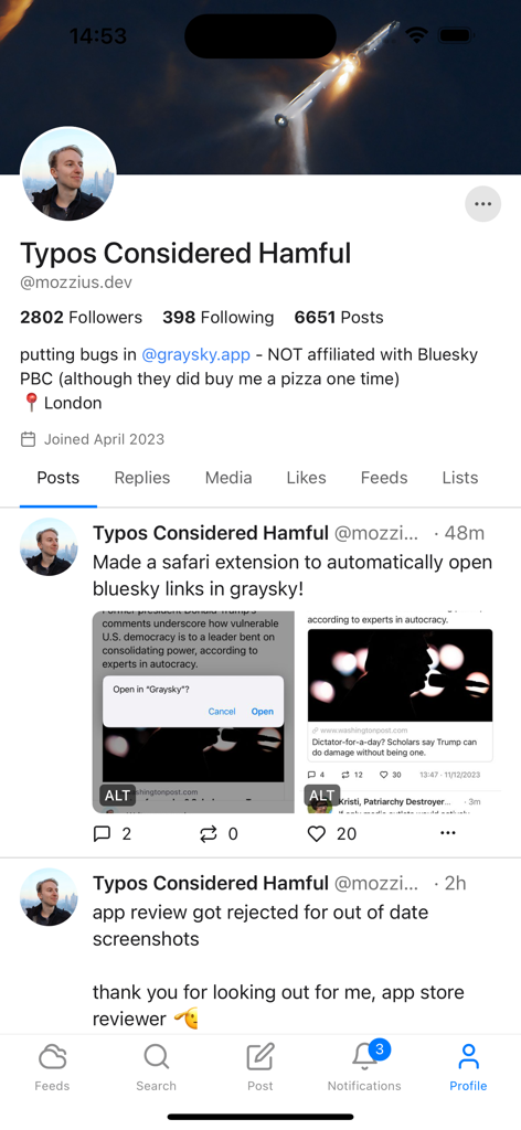 Graysky, a Bluesky client - User profile screen of the Graysky app showing posts and follower counts for a developer account.