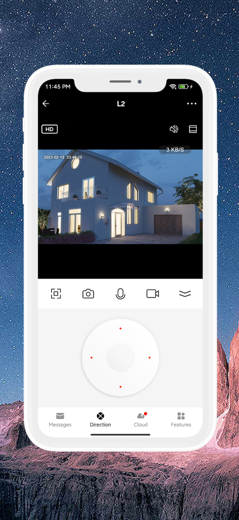 LaView - LaView app showing a live security camera feed of a house at night with remote direction controls.