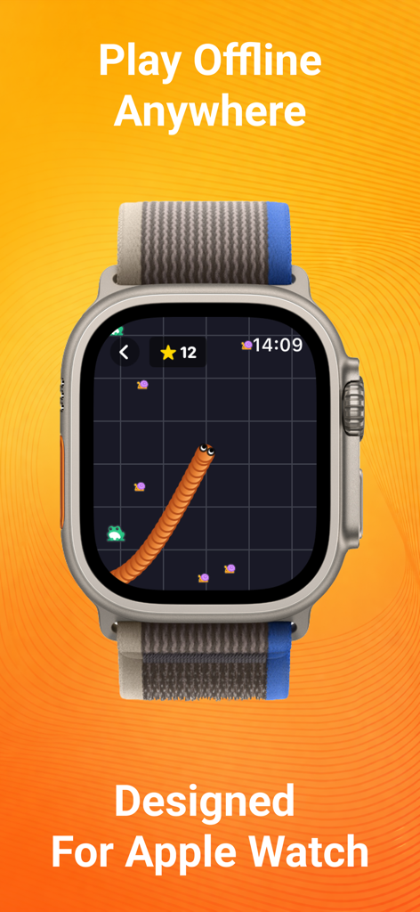 WristJoy - Games for Watch - Juego de Snake jugado en un Apple Watch Ultra con el texto Juega Sin Conexión en Cualquier Lugar