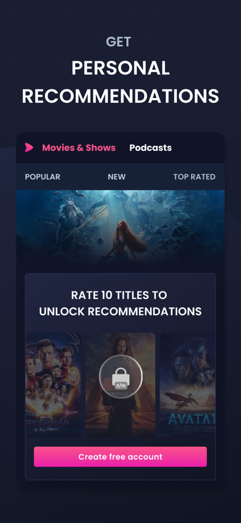 PlayPilot - PlayPilot app interface showing how to unlock personal recommendations by rating movies and shows