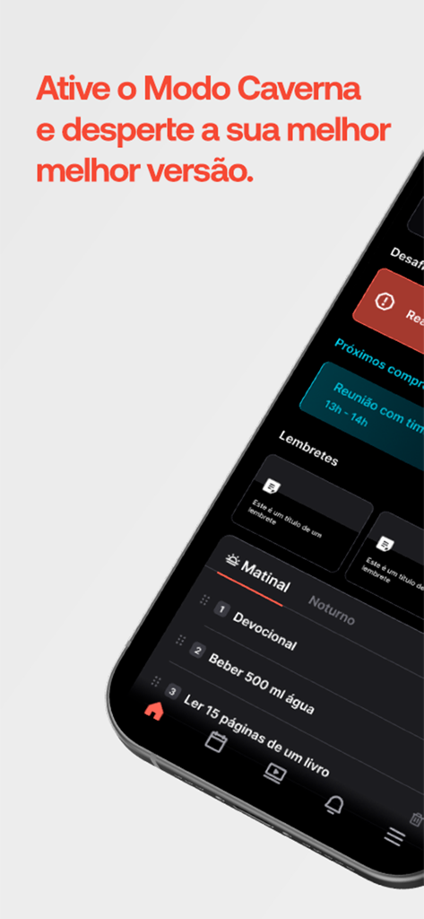 Modo Caverna - Interface of the Modo Caverna app showing a daily habit checklist and productivity features.