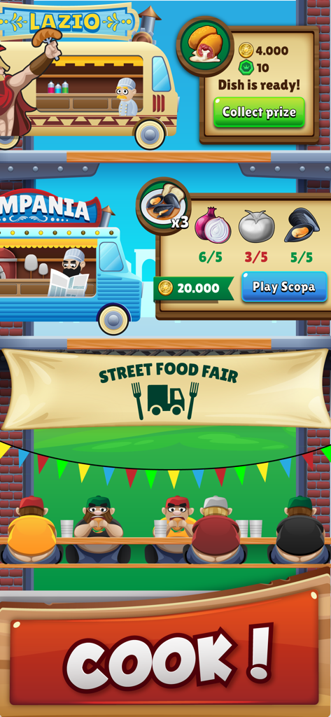 Street food fair event screen in the Scopa card game app featuring Italian regional food trucks.