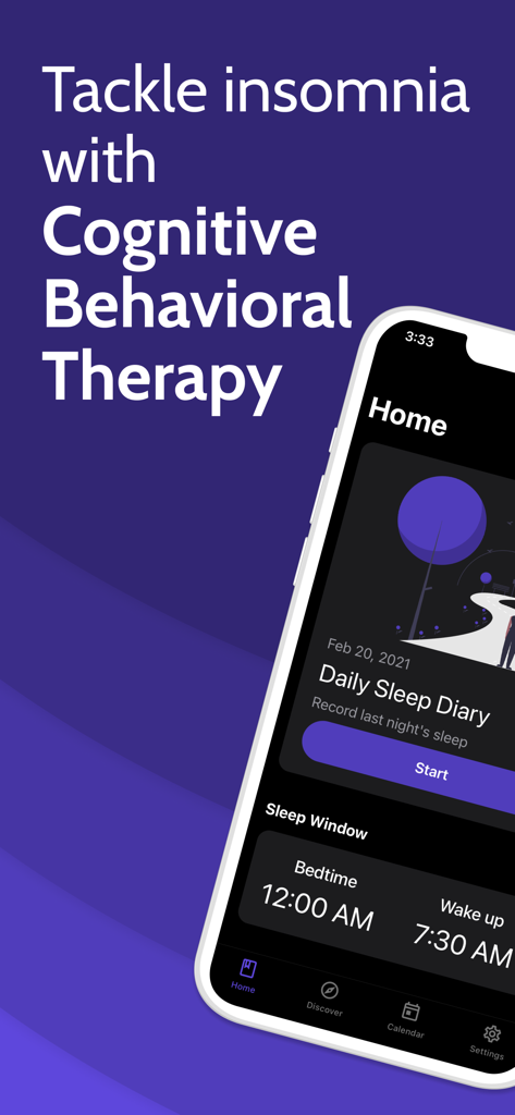 Restful App-Startbildschirm mit Schlafprotokoll und Einstellungen für das Schlafzeitfenster zur Behandlung von Insomnie.