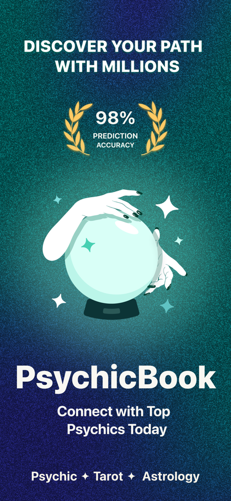 PsychicBook app intro screen showing a crystal ball and psychic reading services