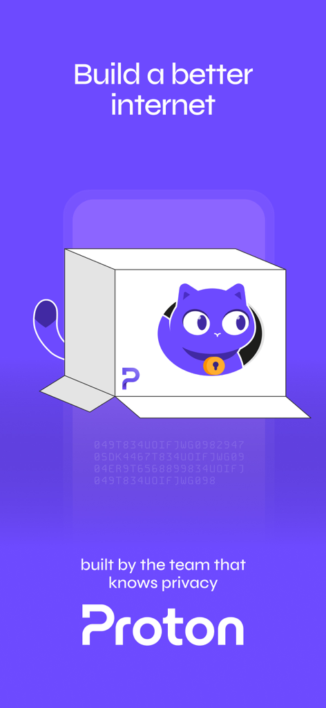 Pantalla de presentación de Lumo de Proton que muestra una mascota de gato morado con un icono de candado y texto sobre la construcción de un mejor internet
