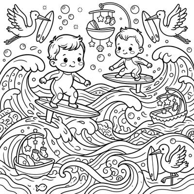 Get ready for an ocean of cuteness with this unique baby foil surfers coloring page, perfect for a baby shower celebration. Adorable little ones glide on hydrofoils amidst storks and floating cradles, offering a delightful and charming scene to color.
