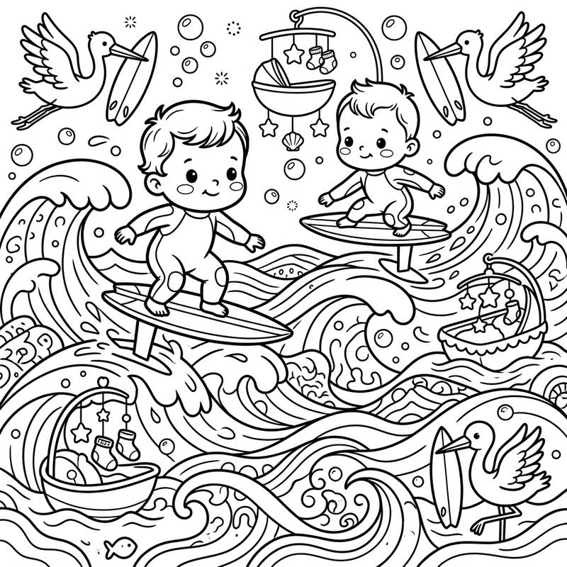Get ready for an ocean of cuteness with this unique baby foil surfers coloring page, perfect for a baby shower celebration. Adorable little ones glide on hydrofoils amidst storks and floating cradles, offering a delightful and charming scene to color.