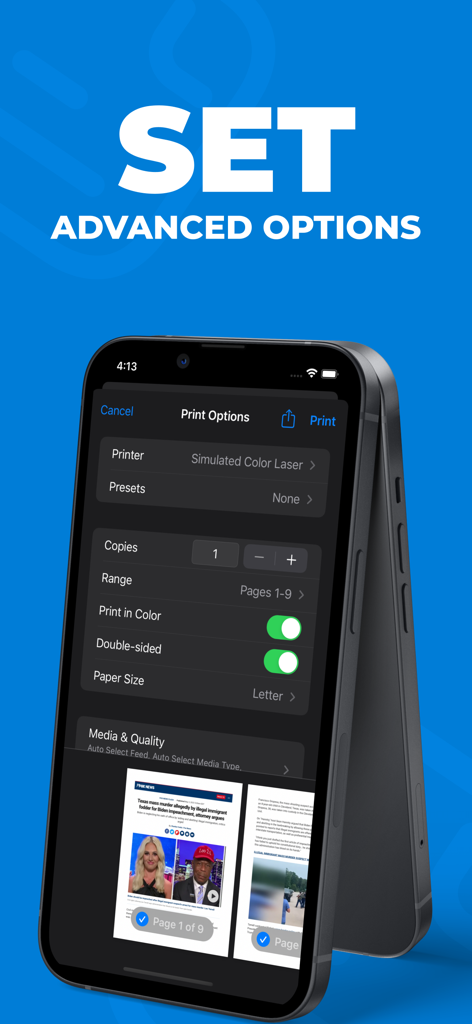 An iPhone screen displaying advanced print settings like color double sided and paper size options