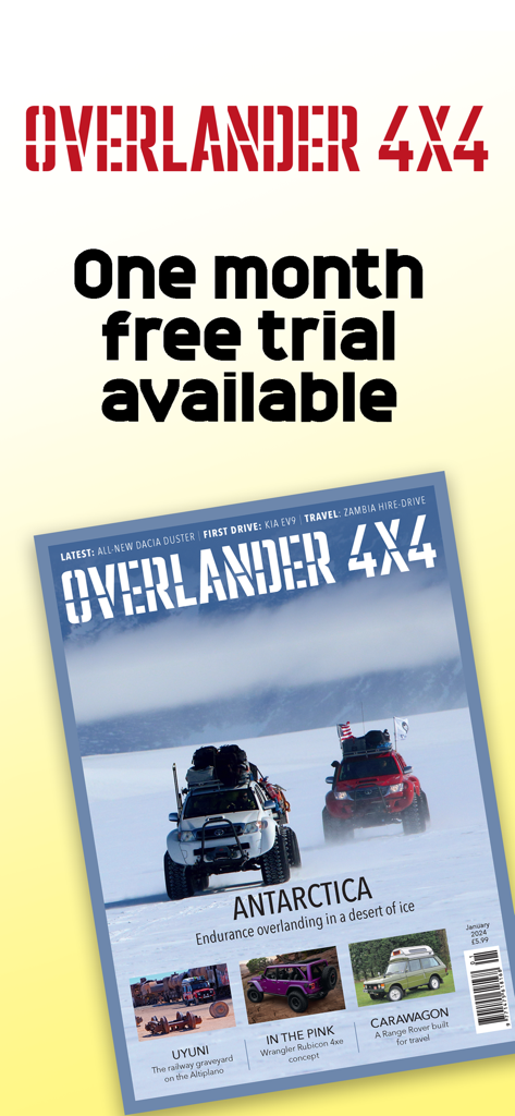 Overlander 4x4 magazine app promotional screen offering a one month free trial with a magazine cover featuring vehicles in Antarctica.