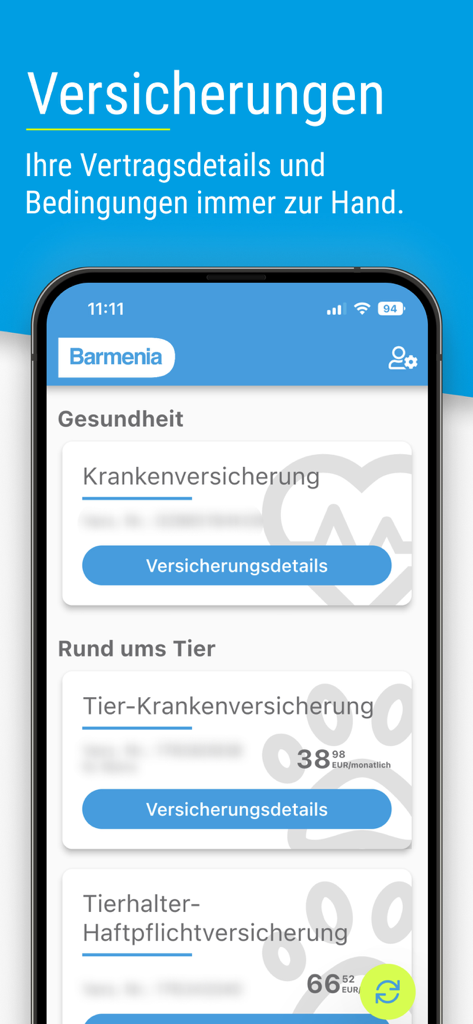 Barmenia - A screenshot of the Barmenia app interface displaying various insurance policy categories including health and pet insurance.