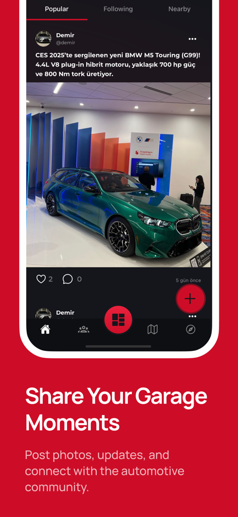 A smartphone screen showing the MyGarage app social feed with a photo of a green luxury car and automotive community features