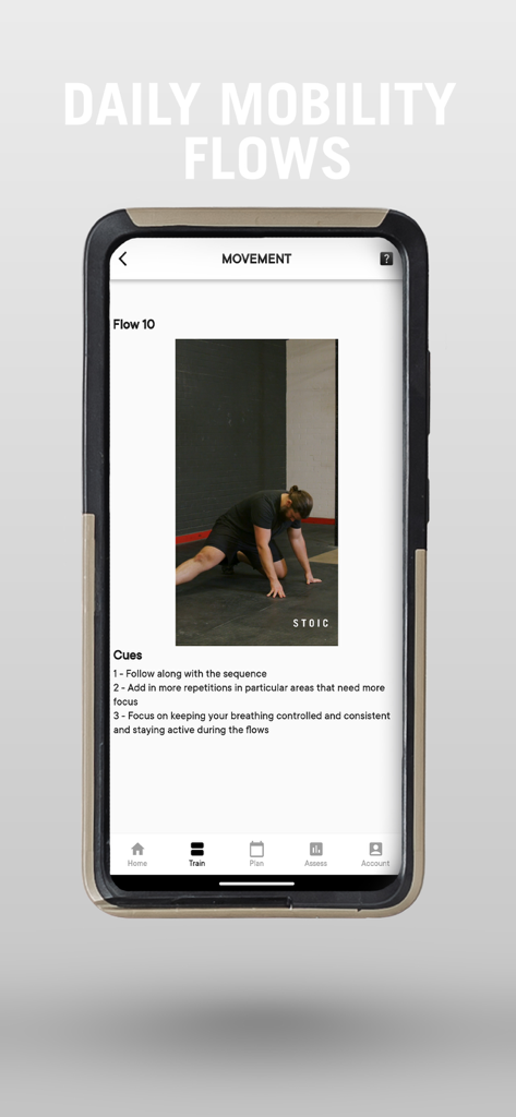 Stoic Conditioning - Stoic Conditioning app interface showing a daily mobility flow exercise with coaching cues for tactical athletes