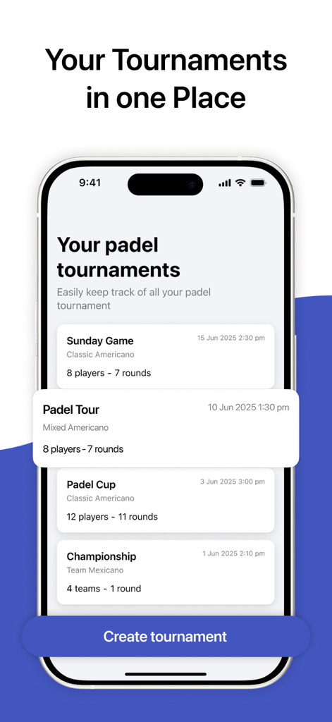 Captura de tela do iPhone mostrando uma lista de torneios de padel organizados, incluindo Padel Tour e Padel Cup no aplicativo Padel Americano