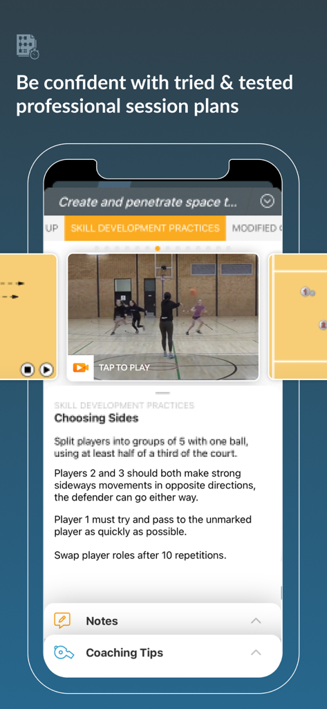 Sportplan - Sportplan mobile app interface displaying a professional session plan with drill instructions and a skill development video.