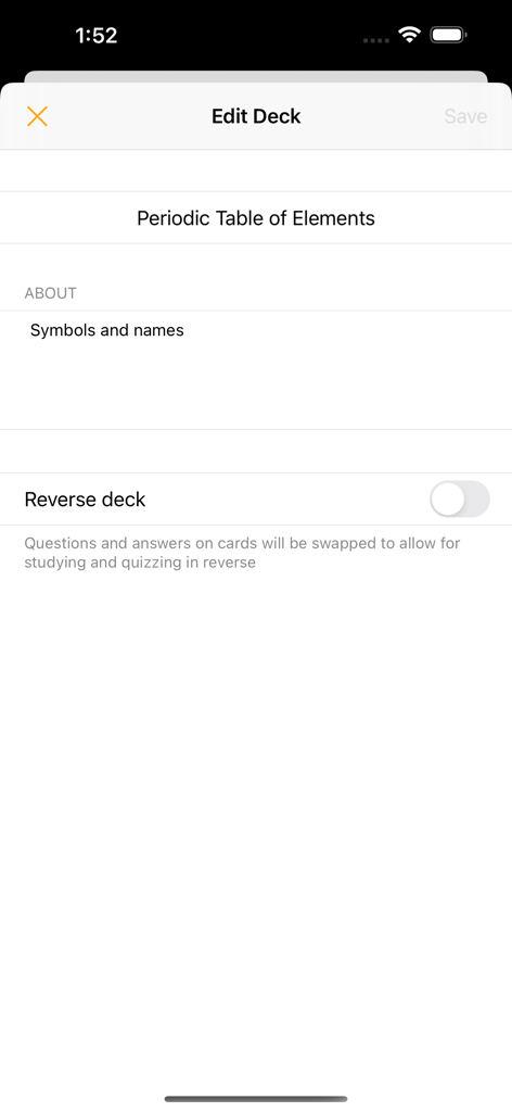 Flashcards - Build Your Own - La pantalla Editar Mazo para un mazo de tarjetas de memoria de la Tabla Periódica de los Elementos con un interruptor para invertir el mazo.