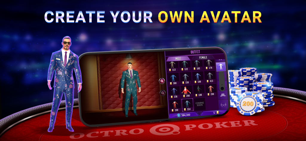 Octro Poker Texas Holdem Games - Interface for creating and customizing a 3D avatar with various suits in Octro Poker