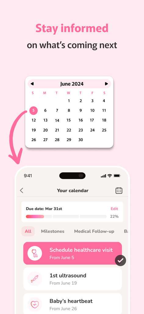 Un calendrier de grossesse et une interface de planification des rendez-vous affichant les étapes importantes à venir et les visites médicales.