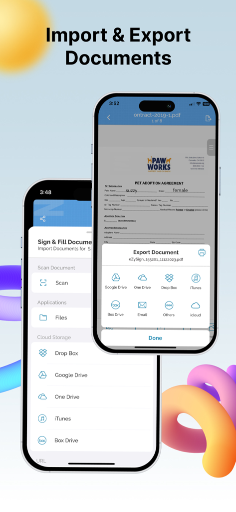 eZy Sign,Scan & Fill Documents - Interface do aplicativo eZy Sign mostrando opções de importação e exportação de documentos com integração de armazenamento em nuvem