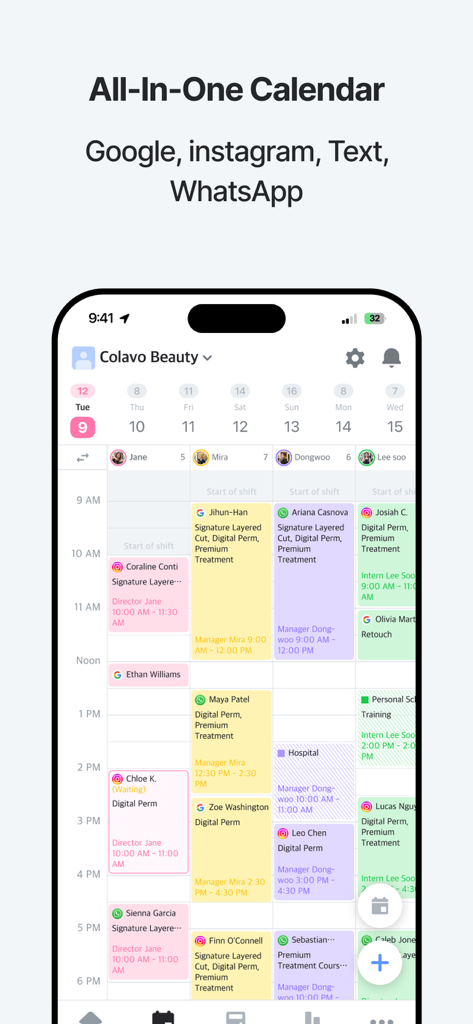 App ColavoSalon mostrando um calendário integrado com reservas do Instagram, WhatsApp e Google.