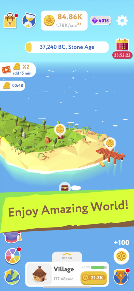 Idle Evolution Tycoon Clicker - A low poly 3D tropical island in the Stone Age era from the Idle Evolution Tycoon Clicker game