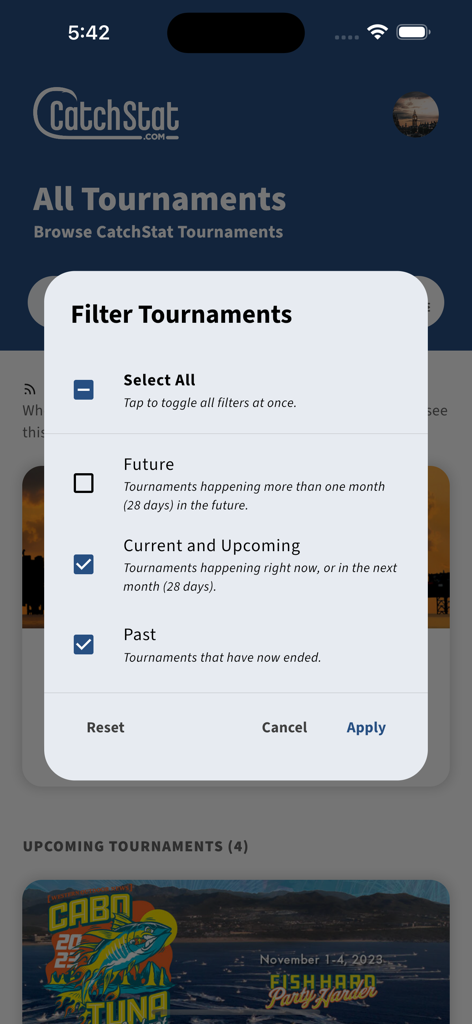 CatchStat - CatchStat mobile app interface showing a filter menu for future current and past fishing tournaments