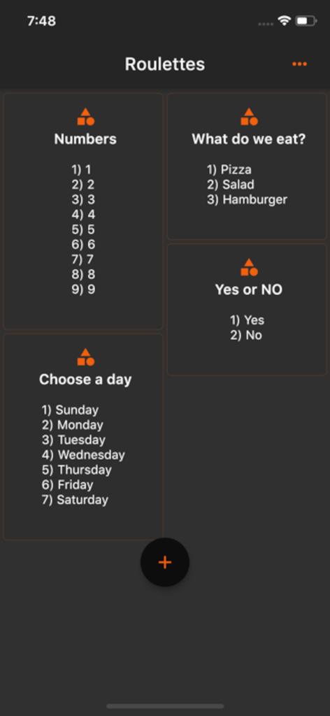 Lista de ruedas de decisión personalizadas en la aplicación My Decision Roulette mostrando opciones para números, comida, días y sí o no