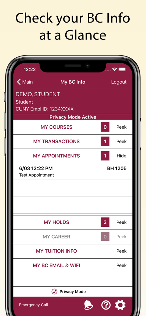 BC Navigator - BC Navigator app My BC Info dashboard showing student courses and appointments.