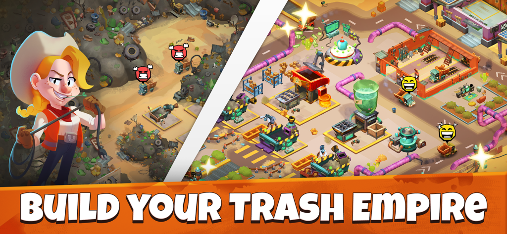 Idle Junkyard Tycoon: Be Rich! - Una comparación lado a lado de un depósito de chatarra desordenado y una fábrica de reciclaje productiva con una gerente de personaje femenina y el texto Construye tu Imperio de Basura.