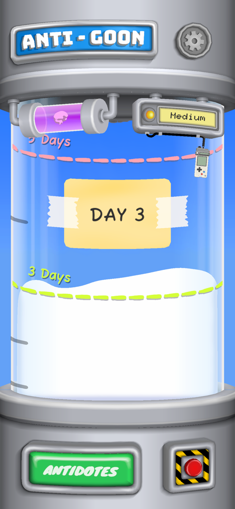 Anti-Goon: Quit Gooning - Capture d'écran du compteur de jours de l'application Anti-Goon avec une simulation liquide d'un réservoir montrant 3 jours de progression avec des étapes à venir.