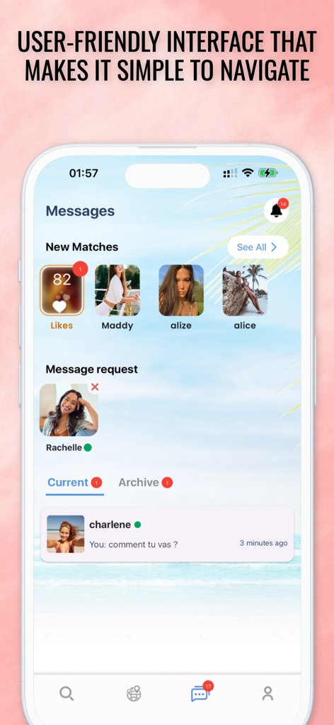 Lovisland dating app messages screen showing new matches and message requests with a tropical background.