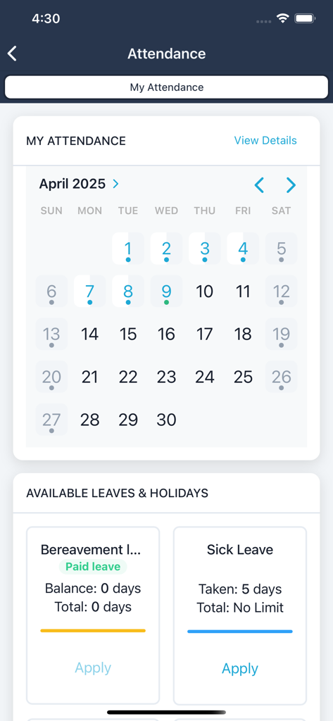 peopleHum - peopleHum mobile app attendance calendar and leave management screen