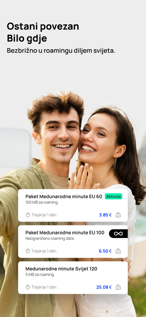 Écran de l'application mobile Telemach affichant les forfaits d'itinérance internationale et les options pour les voyageurs