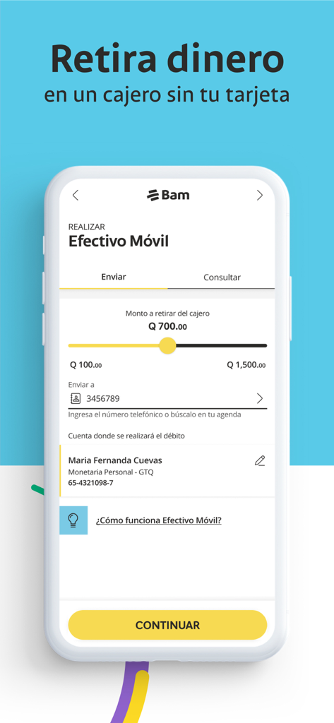Bamapp Personas - Interface of the Bamapp Personas app showing the Efectivo Movil feature for cardless ATM withdrawals