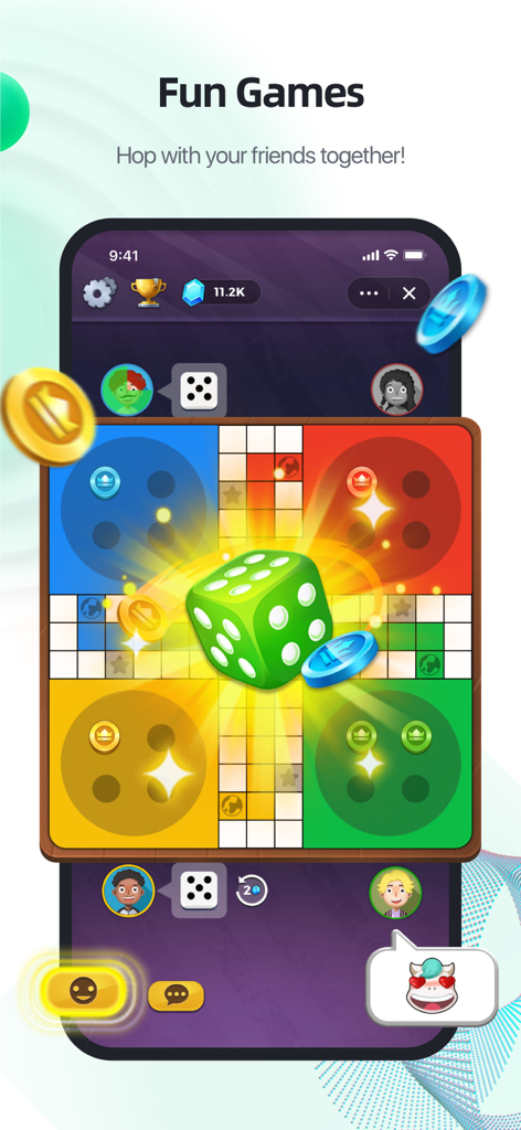 Un'interfaccia mobile dell'app YallaChat che mostra un gioco digitale di Ludo con più giocatori e funzioni sociali.