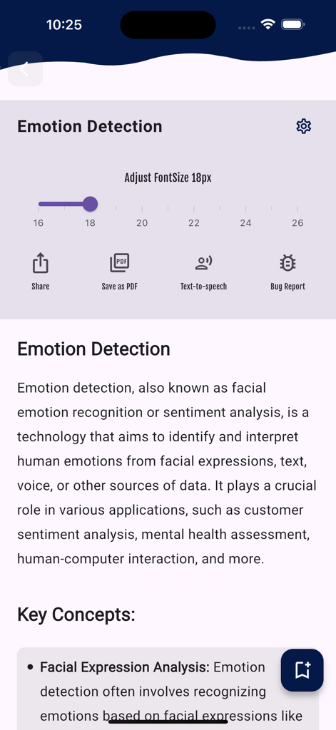 Educational screen about emotion detection technology with font size adjustment and study options in a machine learning app