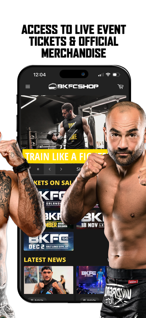 Bare Knuckle TV app interface showing live event tickets and official merchandise shop