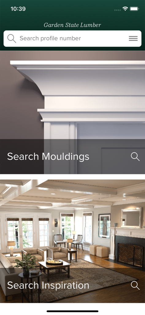 Garden State Lumber app home screen showing search options for mouldings and design inspiration