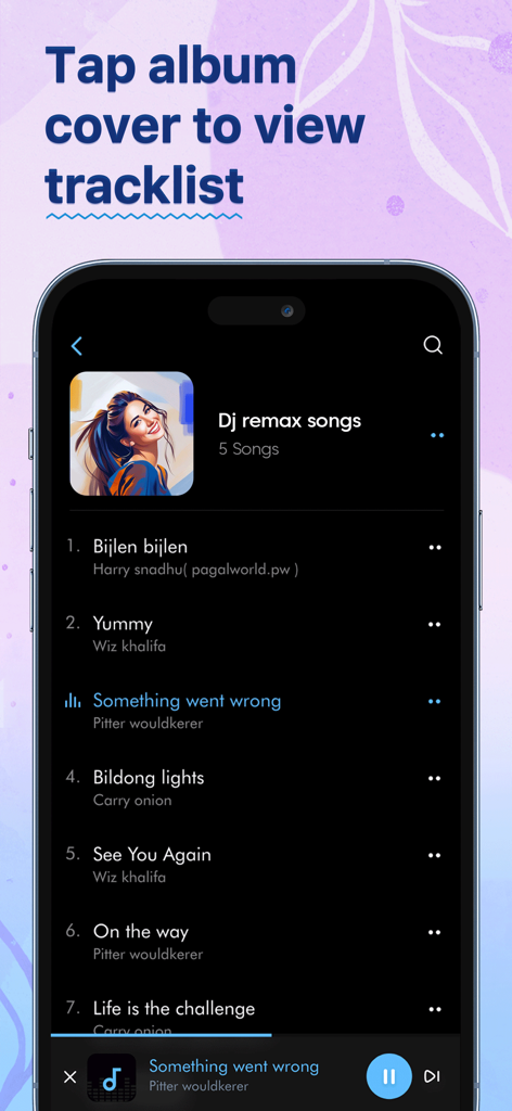 Interface de l'application de lecteur de musique montrant une liste de pistes avec la pochette de l'album et les commandes de lecture en mode sombre.
