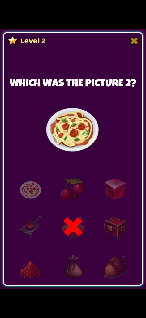 Brain Teaser Mind Game - 두뇌 퀴즈 마인드 게임의 기억력 챌린지 화면, 플레이어에게 아이콘 그리드에서 특정 그림 식별 요청