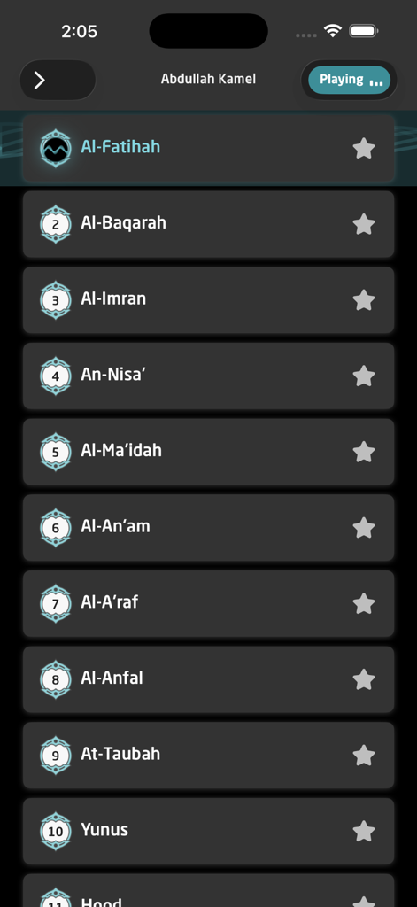 Telawat app dark mode interface showing a list of Quran surahs for a selected reciter.