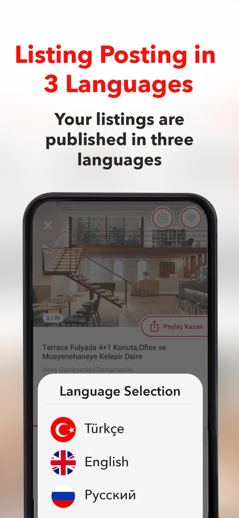 Hepsiemlak – Property Listings - Interface do aplicativo Hepsiemlak para selecionar idiomas de listagem em turco, inglês e russo