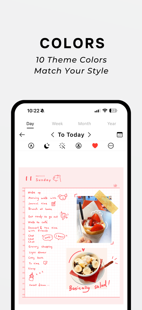 Mino: Minimal Journal & Diary - Mino digital journal interface showing a pink aesthetic theme with handwritten notes and food photos