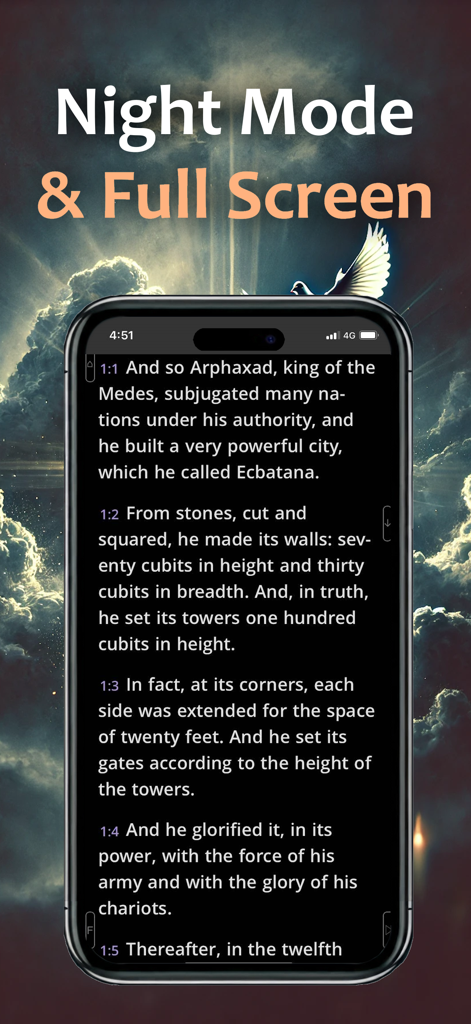 Interfaz de la aplicación Biblia Católica PRO mostrando el modo nocturno y las funciones de lectura a pantalla completa